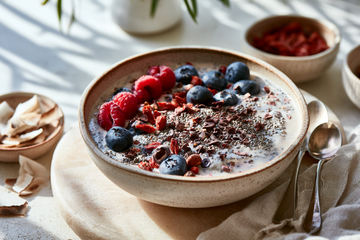 Fiber-rich breakfast bowl with chia seeds, berries and cacao nibs