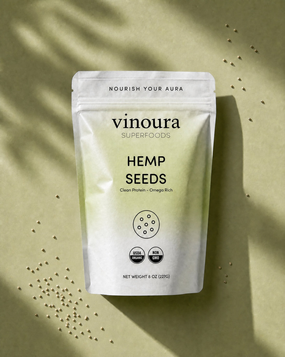 Package of vinoura Superfoods Hemp Seeds on a light background