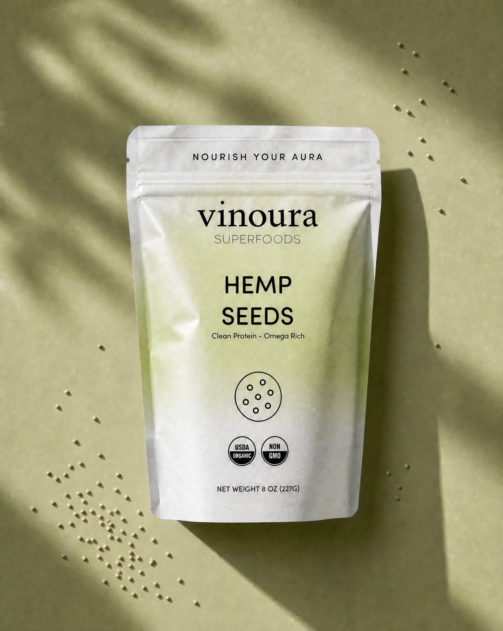 Package of vinoura Superfoods Hemp Seeds on a light background