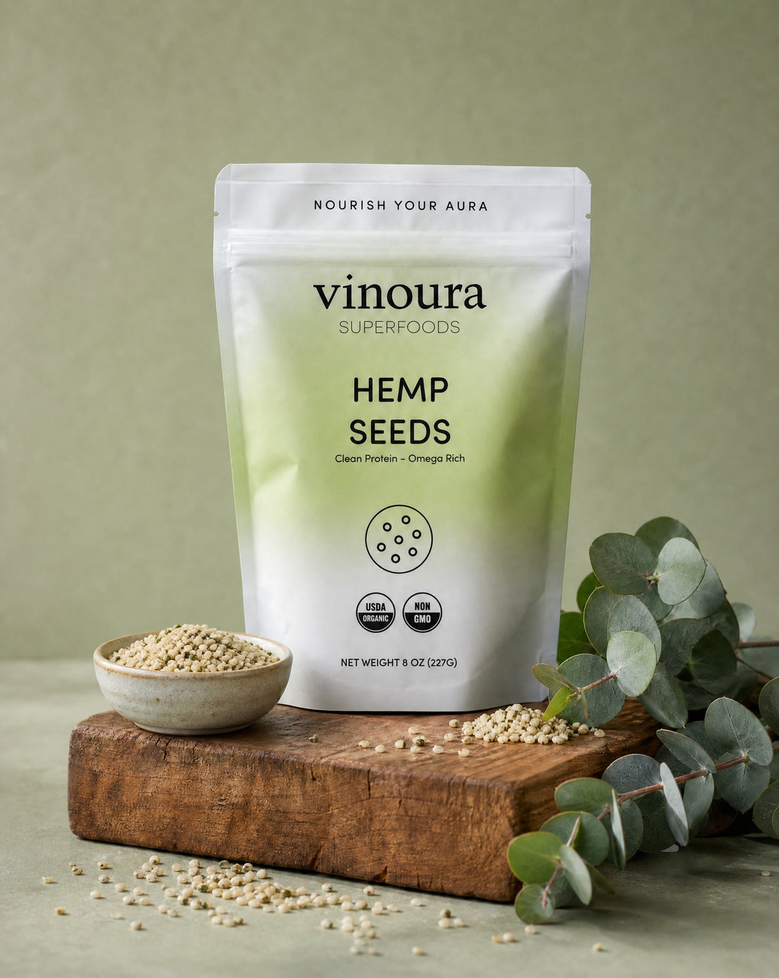 Package of vinoura Superfoods Hemp Seeds on a light background